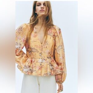 H&M linen blend yellow floral peplum blouse